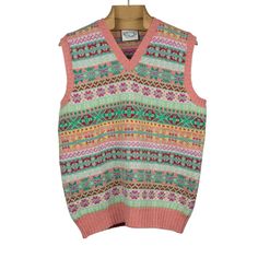 Fair Isle v-neck sweater vest, watermelon pink, mint green, red, and l – No Man Walks Alone Pink Sweater Vest, Mint Green And Pink, Shetland Sheep, Watermelon Mint, Shetland Wool, Fair Isle Sweater, Vest Shirt, Mens Fall, Knitting Techniques