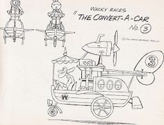 an old drawing of a car with people riding on the front and side, in three different ways