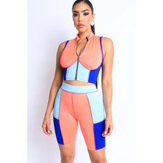 Women's Cute Color Block Sleeveless Top And Matching Biker Shorts 2 Piece Set Condition: New With Tags Color: Orange-Multi Size: S, M, L Pattern: Solid Sleeve Length: Sleeveless Closure: Zipper Neckline: High Neck Number Of Pieces: 2 Piece Occasion: Activewear, Business, Casual, Christening, Formal, Party/Cocktail, Travel, Wedding, Workwear Sleeve Type: Sleeveless Set Includes: Top - Biker Set Fabric Type: Blended Fabric Brand: Unbranded Fit: Regular Personalize: No Size Type: Regular Type: Outf Blue Sleeveless Activewear With Built-in Shorts, Fitted Color Block Activewear For Summer, Fitted Color Block Summer Activewear, Summer Fitted Color Block Activewear, Trendy Blue Biker Shorts For Summer, Activewear Business, Type Outfit, Womens Black Jumpsuit, Floral Jumper