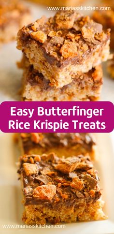 easy butterfingerer rice krispie treats stacked on top of each other with text overlay