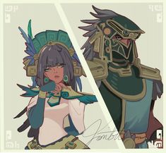 two anime characters, one in armor and the other in an outfit with feathers on her head