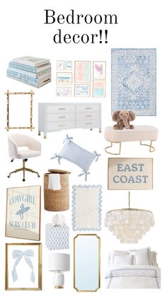 a collage of bedroom decor with white furniture and blue accents, including a teddy bear