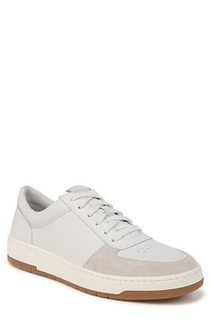 A contrast bumper sole pops on the heel of this charmingly understated sneaker crafted from soft calfskin leather with a durable, flexible rubber sole. Lace-up style Leather upper and lining/rubber sole Imported Modern Leather Low-top Sneakers, Modern Low-top Leather Sneakers, High-top Leather Sneakers With Gum Sole, Sporty Leather Sneakers With Textured Sole, Comfortable Suede Sneakers With Leather Sole, White Suede Sneakers With Removable Insole, Modern Sneakers With Removable Insole For Everyday, Low-top Leather Sneakers With Rubber Sole, Everyday Suede Sneakers With Leather Sole