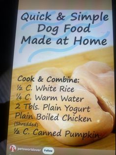 an advertisement for chicken and simple dog food made at home is displayed on a wooden table