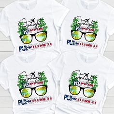 three t - shirts with palm trees and sunglasses on them