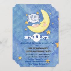 it's a boy announcement card with moon and stars