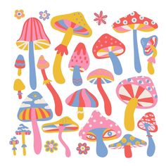 an assortment of colorful mushrooms are shown in this graphic art printable pattern, which includes different shapes and sizes