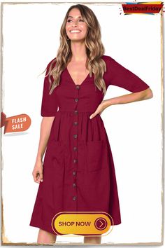 Bestdealfriday Burgundy Button Front Midi Dress with Pockets P1479952 Red Fashion Outfits, Midi Dress With Pockets, Long Sleeve Sequin Dress, Ball Party, Cheap Dresses Online, Half Sleeve Dresses, Dresses By Length, Trendy Designs, Mini Velvet Dress