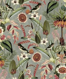 an image of flowers and leaves on a gray background for wallpaper or upholstering