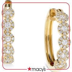 in stock Luxury Yellow Gold Halo Design Hoop Earrings, Yellow Gold Cubic Zirconia Hoop Earrings With Halo Design, Luxury Yellow Gold Hoop Earrings From Macy's, Luxury Gold Plated Hoop Earrings With Diamond Accents, Luxury Yellow Gold Hoop Earrings With Diamond Accents, Bali Earrings, Diamond Halo, Beauty Gift, Jewelry Patterns