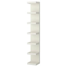 a white book shelf with five shelves on each side and one in the middle, against a white background