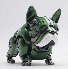 a green and white robot dog with its head turned to look like it is in the air