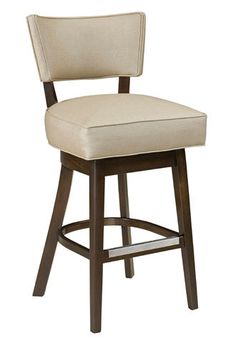 an upholstered bar stool with a beige fabric seat and backrest, viewed from the front