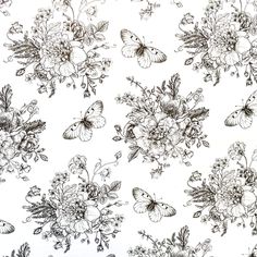 a black and white floral pattern with butterflies