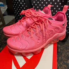 Women’s Size 7.5 Nike Vapormax Plus, Sunset Pulse “Bubblegum” Pink Nike Running Shoes With Translucent Outsole, Nike Pink Running Shoes With Translucent Outsole, Pink Sneakers With Air Cushioning, Pink Air Max Slip-on Sneakers, Pink Slip-on Sneakers With Air Max Cushioning, Nike Vapormax Plus, Black Athletic Shoes, Air Vapormax Plus, Nike Air Vapormax Plus