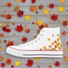 The "Aki" high top canvas shoes are a stunning and stylish choice for those who want to embrace the beauty of autumn and Japanese culture in their footwear. Inspired by the vibrant hues of fall, these shoes feature a design that captures the essence of Japan's iconic autumn foliage. The canvas material is adorned with patterns of maple leaves and branches, creating a warm and eye-catching look. The lace-up closure and padded ankle support ensure comfort and security, while the high top design pr White High-top Sneakers For Fall, White Mid-top Sneakers For Fall, Fall Season Low-top Canvas Shoes, White Fall Sneakers With Rubber Sole, White Sneakers With Rubber Sole For Fall, Custom White High-top Cotton Sneakers, Fall Converse, Shoes For Him, Women High Top Sneakers