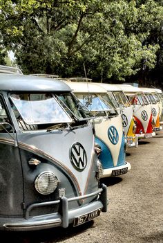 a row of vw buses parked next to each other