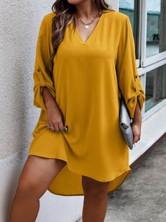 Plus Size V-Neck Solid Color Dress Yellow Casual  Long Sleeve Woven Fabric Plain Tunic Non-Stretch  Women Plus Clothing, size features are:Bust: ,Length: ,Sleeve Length: Long Sleeve Solid Color V-neck Dress For Fall, Long Sleeve Shift Mini Dress In Solid Color, Long Sleeve Shift Mini Dress For Brunch, Yellow Dress Casual, Plain Tunic, Solid Color Dress, Dress Yellow, Color Dress, Roll Up Sleeves