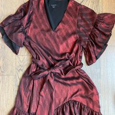 Only Worn Twice! Amazing, Brand-New Condition. Red Mini Dress With Ruffle Hem For Party, Red Holiday Dress With Ruffle Hem, Red Ruffle Hem Dress For Holidays, Red Mini Dress With Ruffle Hem For Night Out, Red Ruffle Hem Evening Dress, Red Evening Dress With Ruffle Hem, Burgundy Ruffled Dress For Night Out, Red Mini Dress With Ruffle Hem And Short Sleeves, Red Short Sleeve Mini Dress With Ruffle Hem