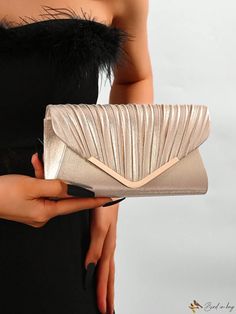 Bird in Bag - Luxurious Pleated Design Shiny Thread Flap Evening Clutch Bag Rose Gold Clutch Bag, Rose Gold Clutch, Gold Clutch Bag, Bride Bag, Party Handbags, Gold Clutch, Outdoor Bag, Envelope Bag, Metal Bar