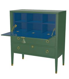 a green cabinet with blue shelves and gold handles