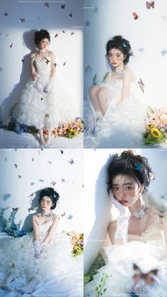 the woman is posing in her wedding dress and butterflies around her neck, while sitting down