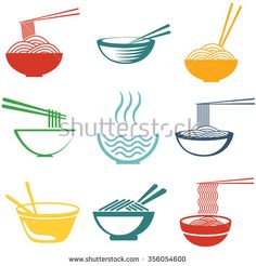 different types of noodles and chopsticks in bowls with chopsticks sticking out of them