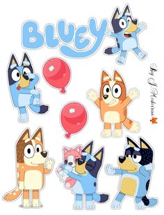 an assortment of stickers with cats and balloons in the shape of letters that say,'blvy '