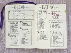 an open planner with the words clean and eating written in it on top of a wooden table