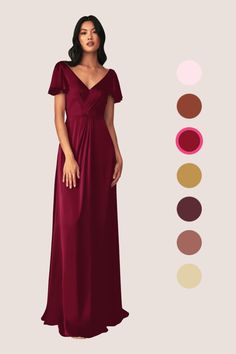 a woman in a long red dress standing next to different color swatches and colors