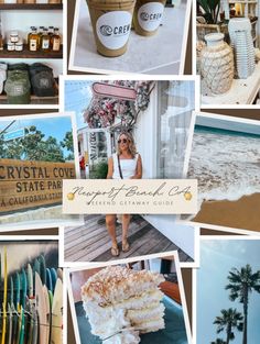 a collage of photos with surfboards and cakes