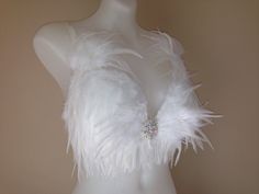 "PLEASE NOTE: The crystal centerpiece on the bra may or may not be available, but I have other options available which you can choose from! Please message me to place an order in your size. To add feathers to backside of the bra, please message me for price quote. This design is made to order in your size. Please check the \"RUSH ITEMS\", \"PREMADES/Ready to Ship\" and \"Clearance PREMADE items\" sections to see if any are premade and ready to ship out quickly. If you would like matching bottoms 1920s Burlesque, Feather Bra, Burlesque Pinup, Goth Christmas, Bra Outfit, Crystal Centerpieces, Character Clothing, Angel Outfit, Angel Costume