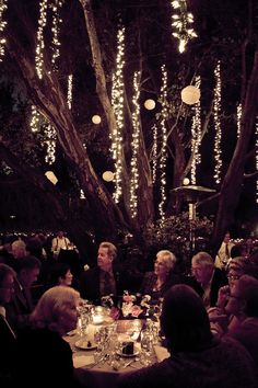 a group of people sitting around a tree with lights hanging from it's branches