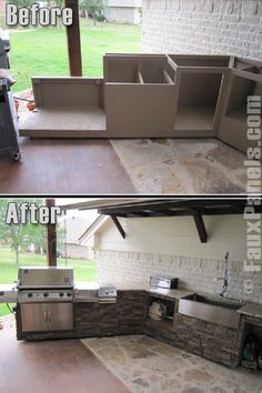 before and after photos of an outdoor kitchen