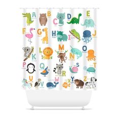 a shower curtain with animals and letters on it