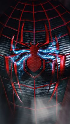 the amazing spider - man movie poster is shown in red and blue lights, with his face glowing