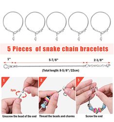 the 5 pieces of snake chain bracelets are shown with instructions for how to use them