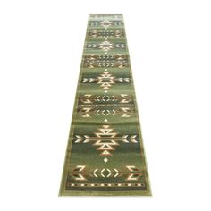 a green rug with an arrow design on the bottom and sides, in front of a white background