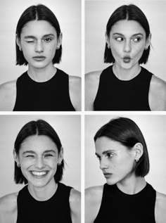 four pictures of a woman with different facial expressions and hair styles, all in black and white