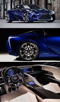 the inside and outside view of a blue sports car