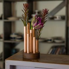 three copper vases with flowers in them sitting on a wooden table next to shelves