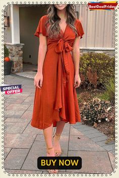 Irregularity Hem Knot Short Sleeve Dress Starry Night Dress, High Low Skirt, Puff Long Sleeves, Neck Bodycon Dress, Rust Dress, Draped Dress, Flowy Skirt, Guest Outfit, Short Sleeve Dress