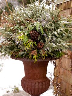 a potted planter with pine cones and evergreens on it in the snow