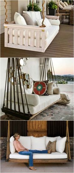 a white couch sitting on top of a wooden swing