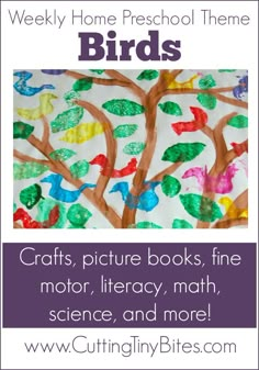 a tree with birds painted on it and the words crafts, picture books, fine motor,