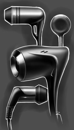 two hair dryers sitting next to each other on a gray background with black and white lines