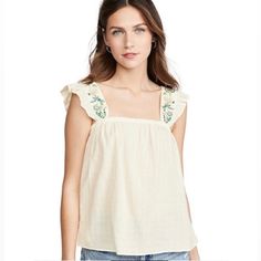 Madewell Brand Floral Embroidery Sleeve Tank Top. New With Tags. Size 2xl Can For A Xl Comfy Very Casual Sheik Casual Beige Embroidered Summer Top, Feminine Embroidered Beige Tops, Beige Feminine Tops With Floral Embroidery, Spring Beige Embroidered Cotton Top, Summer Embroidered Cotton Top, Casual Beige Embroidered Top, Feminine Embroidered Tops For Day Out, Feminine Embroidered Beach Tops, Madewell Shirts