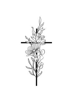 a cross with flowers on it and a black line drawing of the cross in the background