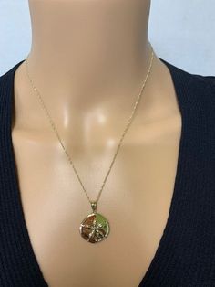 "14k solid gold Sand Dollar pendant. measures 1\" by 3/4\". High polish finish on 18\" solid gold chain. ** includes 14k solid gold 18\" chain **" Gold 14k Cross Pendant Charm Necklace, Round 14k Gold-tone Charm Necklaces, Round Gold-tone 14k Gold Charm Necklace, 14k Gold Cross Pendant Charm Necklace, Round 14k Gold-tone Charm Necklace, 14k Yellow Gold Cross Pendant Charm Necklace, 14k Gold Necklace With Large Round Pendant, Gold Diamond Cut Medallion Necklace, Gold Medallion Necklace With Diamond Cut