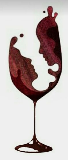 a drawing of a woman's face in a wine glass with red liquid pouring out of it